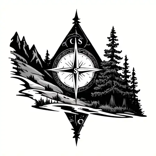 Medallion Shape With 4 Trees And A Mountain Silhouette With The Compass In The Center Pointing North