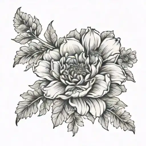 Marigold And Cosmos Flower Fine Line Tattoo Thigh Wrap Around Fine Lines