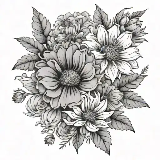 Marigold And Cosmos Flower Fine Line Tattoo Thigh Wrap Around Fine Lines