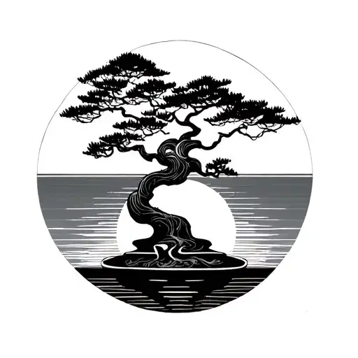 Bonsai Tree With Om Symbol With A Spiral Sun Setting