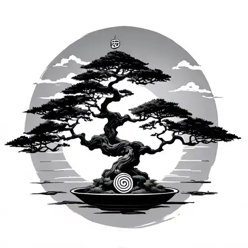 Bonsai Tree With Om Symbol With A Spiral Sun Rising