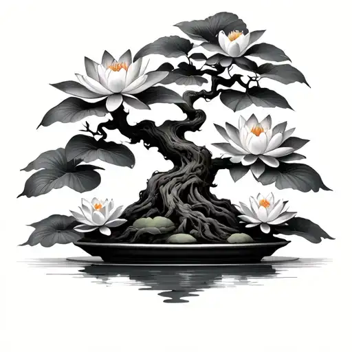 Bonsai Tree With Lotus Flowers