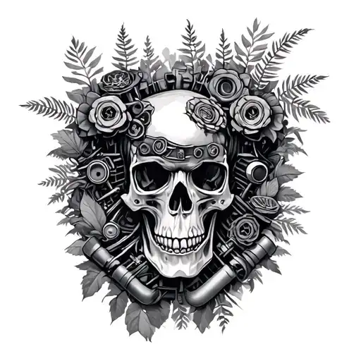 Engine Parts Integrated Skull Surrounded By Nature