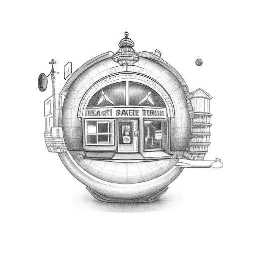 An Intricate Black-grey Tattoo Showcasing A Cafe Nestled On Top Of A Globe