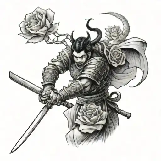 Samurai With Katana In The Background Dragon And Under Everything Roses