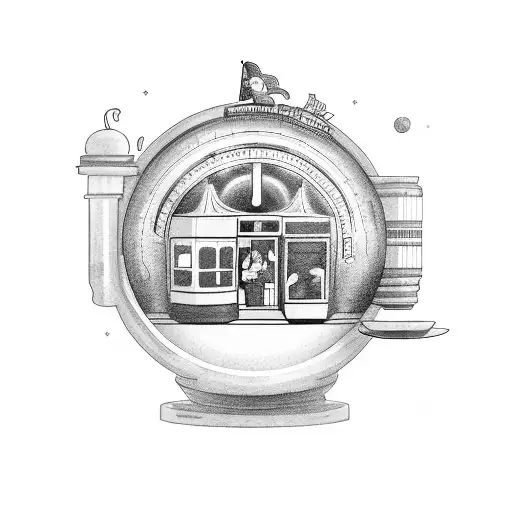 An Intricate Black-grey Tattoo Showcasing A Cafe Nestled On Top Of A Globe