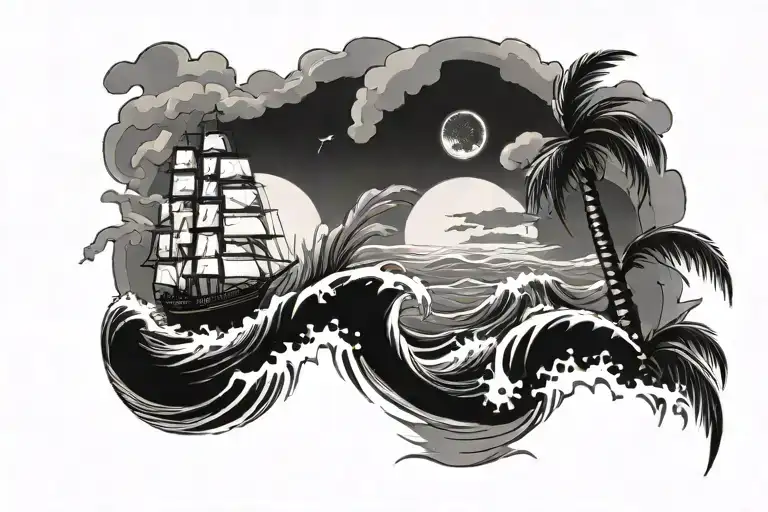 Rough Sea With Ship And Calm Sease With Palm Tree