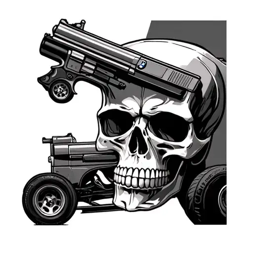 The Skull Which Is Much Bigger Than The Car The Bmw Car Is Half As Big And There Is A Gun