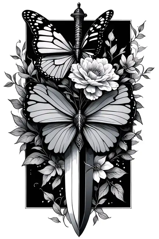 Floral With Butterfly On Top Of Dagger