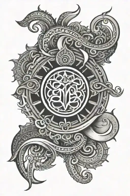 Karma Symbol With Sanskrit Shlok Along With Trishul And Damru