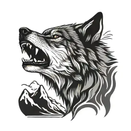 Growling Wolf And Mountains