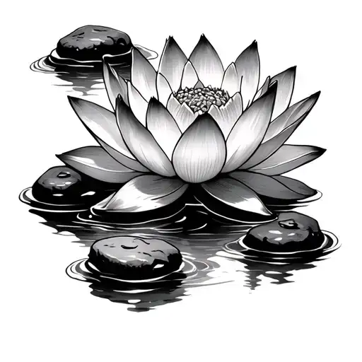 Lotus Flower With Water And Rocks Japanese Traditional Style