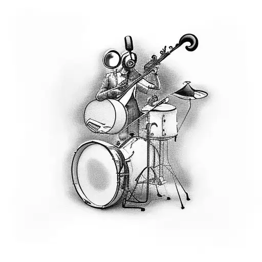 A Black-grey Tattoo Of A Comic Book Panel Featuring A Jazz Band Playing In A Pop Art Style