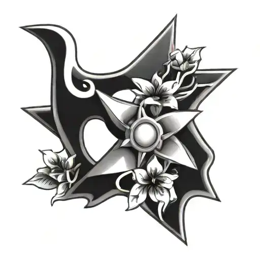 Black And White Japanese Style Shuriken With Blossom Flower