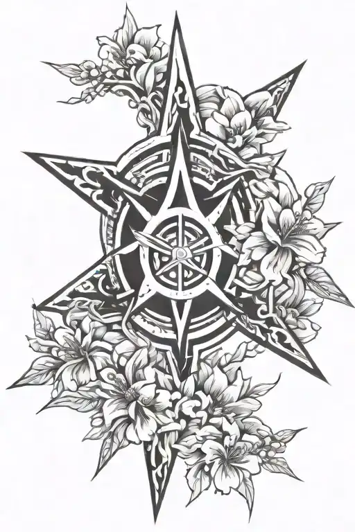 Black And White Japanese Style Shuriken With Blossom Flower