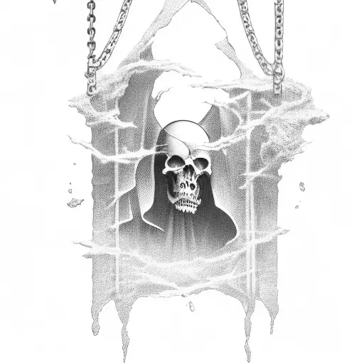 Grim Reaper Holding A Cracked Hour Glass With Sand Tipping Out And Has Chains Wrapped