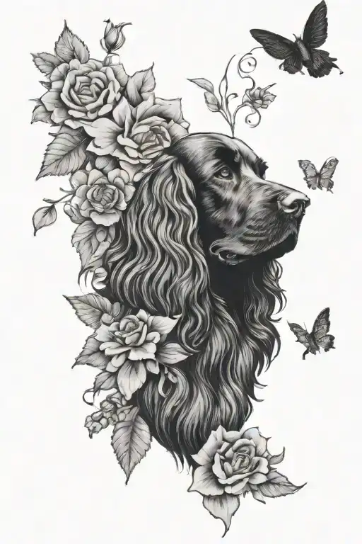 Flowers On The Arm And Black Cocker Spaniel Head