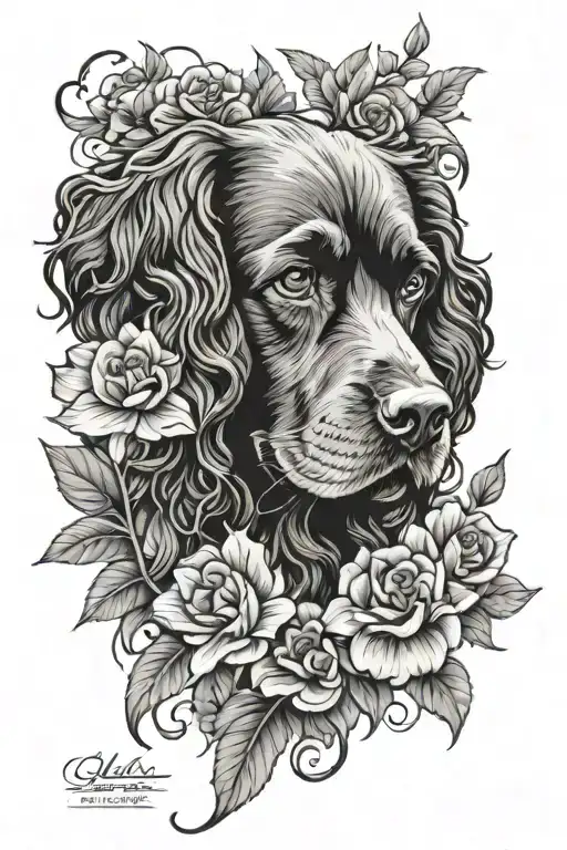 Flowers On The Arm And Little Black Cocker Spaniel Head