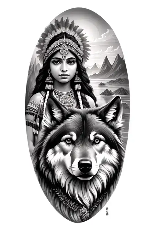Indian Girl And Wolf And Landscape