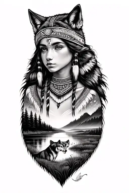 Native Girl And Wolf And Landscape Tattoo Featuring