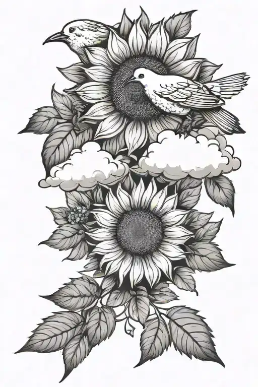 Clouds With A Sunflower And Doves Flying