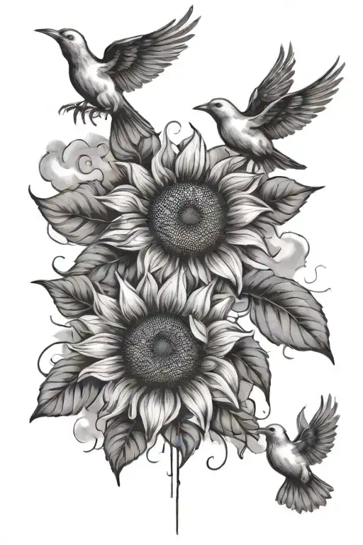 Clouds In Background With A Sunflower And Doves Flying