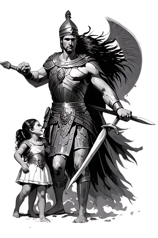 An Roman Legionair Or Gladiator Protecting 2 Daughters