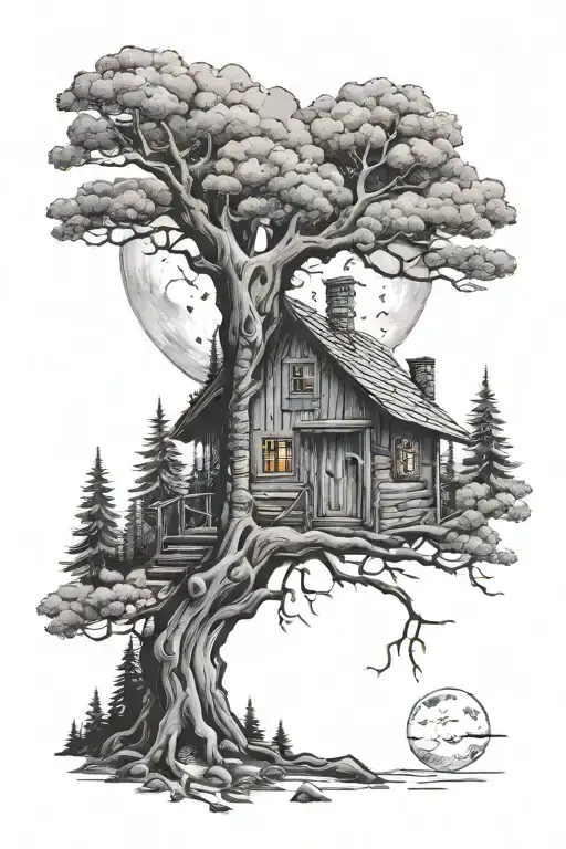 Cabin Forest Trees Moon Eye Inside