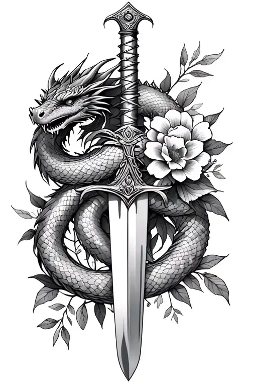 Create A Dragon And Snake Tattoo Wrapped Around A Sword With Flowers And Leaves Around It