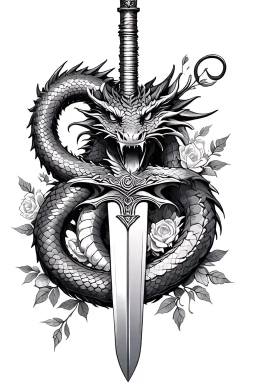 Create A Dragon And Snake Tattoo Wrapped Around A Sword With Flowers And Leaves Around It