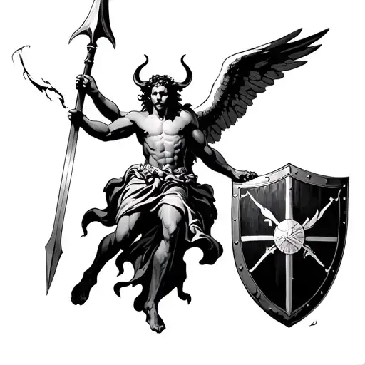 Devil Throwing Spear At Angel Above With Shield