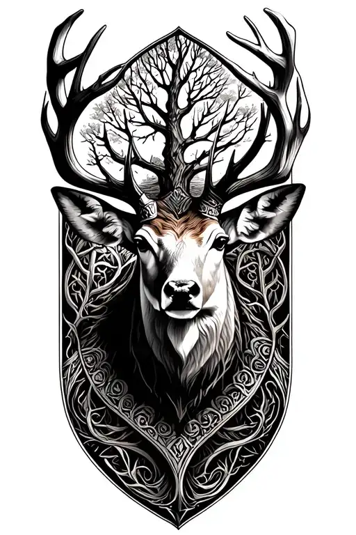 Scottish Deer Stag Head And Norse Tree Of Life
