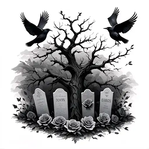 Black Roses Grave Stones Dead Tree Crows Flying