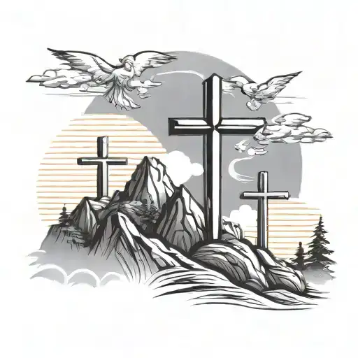3 Crosses On Mountain With Sun Clouds And Angels Behind It