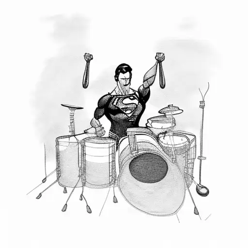 A Black And Grey Portrait Of Superman Playing The Drums