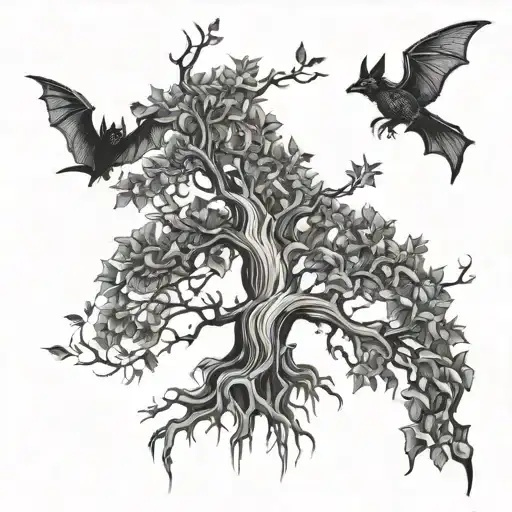 Tree Growing With Bats Around It