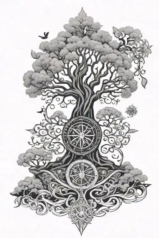 Nordic Tree Of Life Surrounding Nordic Compass Intertwined