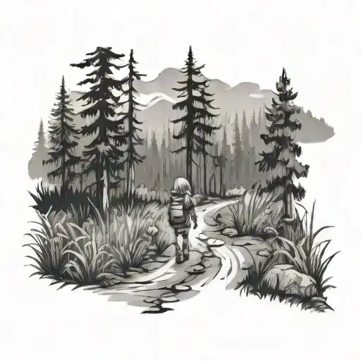 Grown Kid N Little Girl Walking Into Trail In A Black Forest