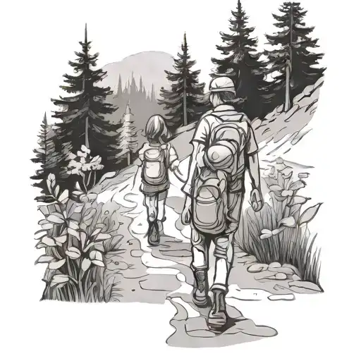 Grown Kid And Little Girl Walking Into Trail In A Black Forest
