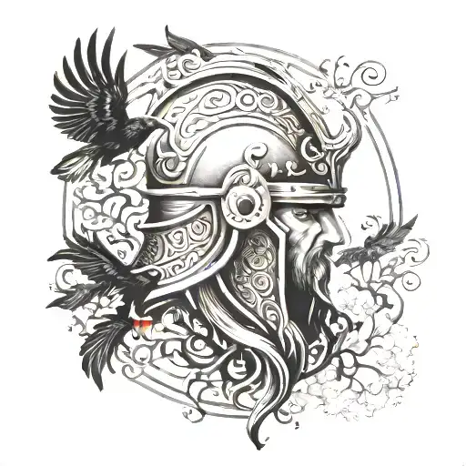 Viking Helmet Surrounded By Ravens And Yggdrasil Tree