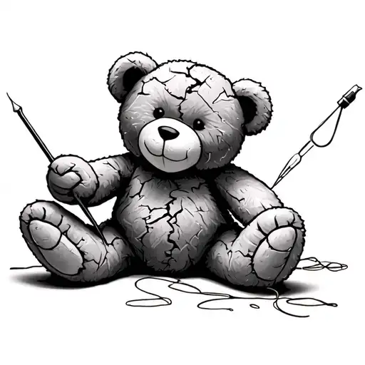 Torn Stuffed Teddy Bear Holding Needle And Thread