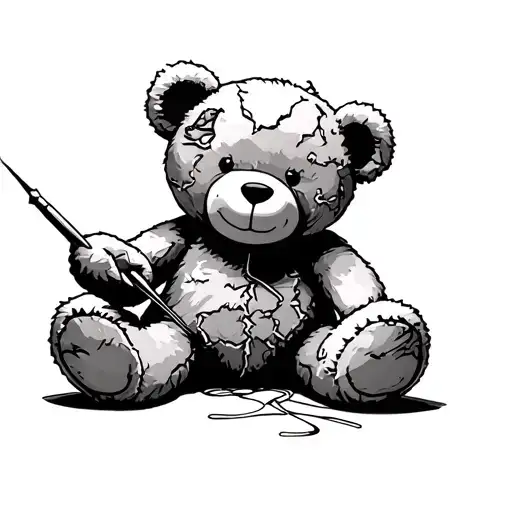 Torn Stuffed Teddy Bear Holding Needle And Thread