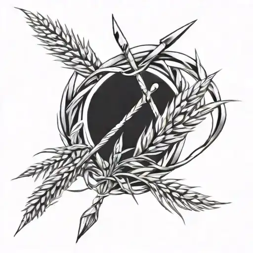 Spear Crossed With Wheat Stalks Black And White Drawing