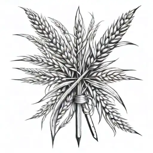 Spear Crossed With Wheat Stalks Black And White Drawing
