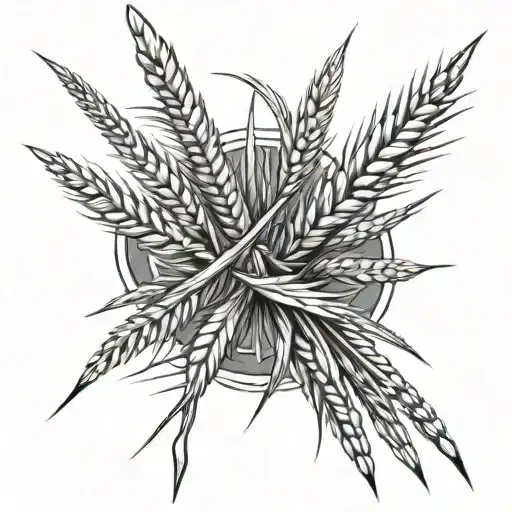 Spear Criss-cross With Wheat Stalks Black And White Drawing