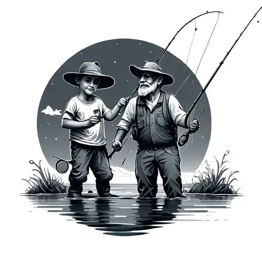 Grandkid And Grandpa Fishing Together Symbolizing