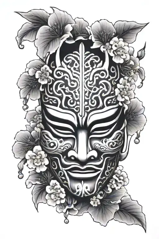 Asian Mask With Sakura Flowers Growing
