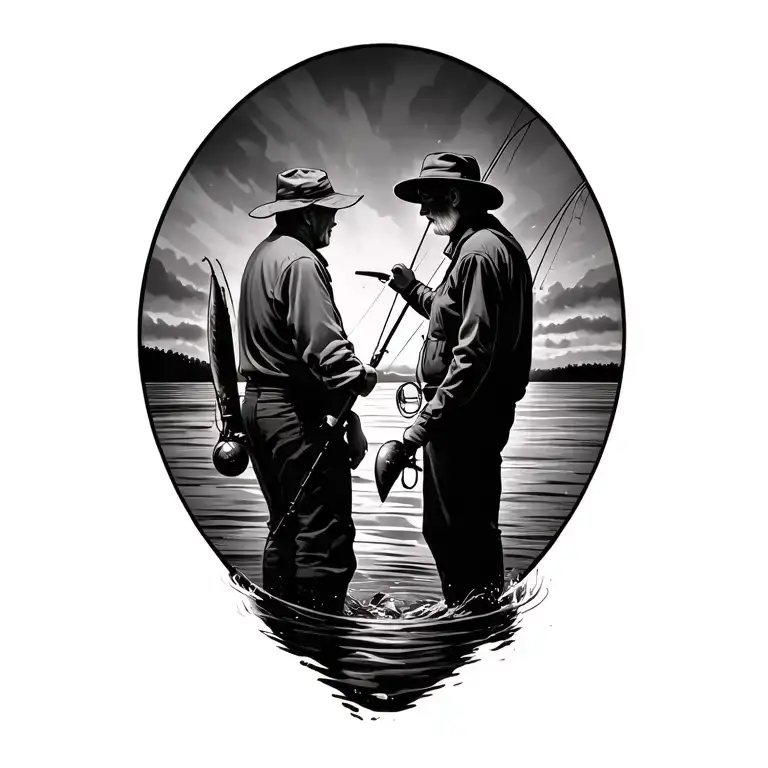 Fishing Scene Casting With Grandpa Ans Grandson Fishing