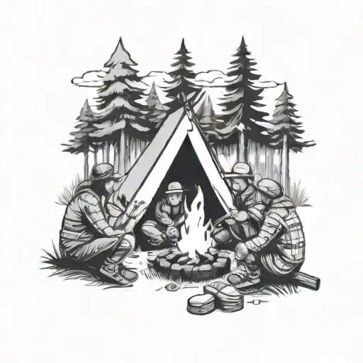 A Camping Scene With Friends Gathered Around A Campfire Telling Stories