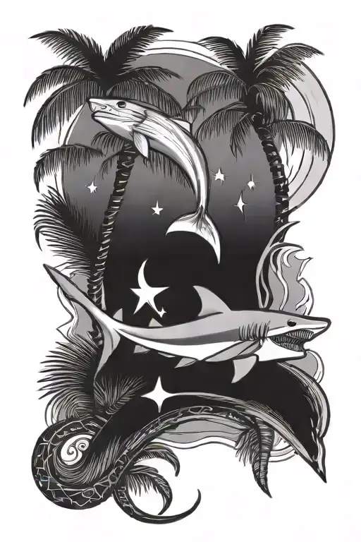Hammer Head Shark And A Palm Tree And Waxing Crescent Moon